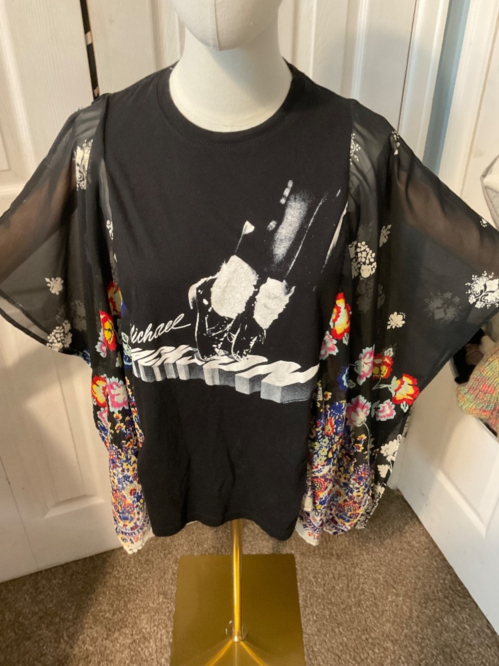 Michael Jackson Upcycled T-Shirt with Flowy Floral Sleeves - OSFM
